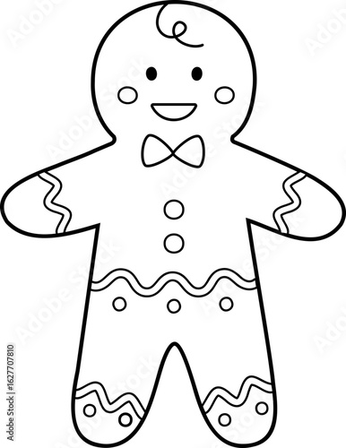 
Smiling gingerbread man cookie outline vector isolated.
Christmas holiday ginger character children's coloring page.
Transparent background. 