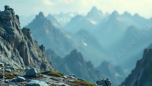 A view from a rocky, grassy ledge overlooking a vast, hazy mountain range with sharp, jagged peaks.