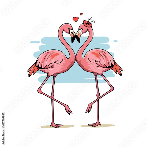 Two romantic flamingos in love with hearts on white background  