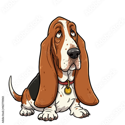 Isolated, transparent background. Cartoon basset hound sitting with droopy ears and sad expression  