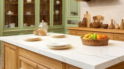 A kitchen island countertop with a wicker fruit basket.