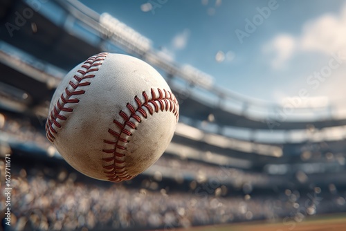Baseball with red stitches flies in the stadium, lots of spectators. Use for baseball team promotion, sport or competition advertisement.