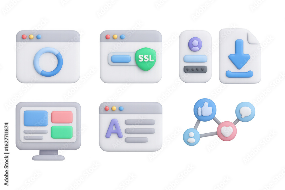 Pastel 3d web and digital icons set featuring ssl, downloads, and social media elements Pastel 3d web and digital icons set featuring ssl, downloads, and social media elements