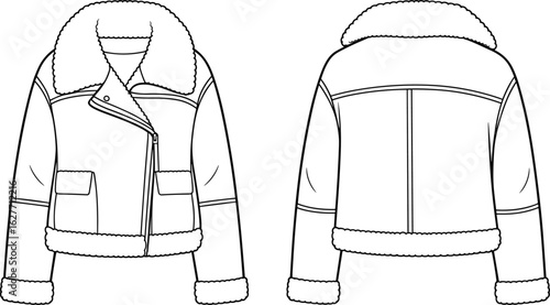 Women's shearling jacket, cropped design, faux fur collar, zip closure, flap pockets, long sleeves, cuff trim, front and back views