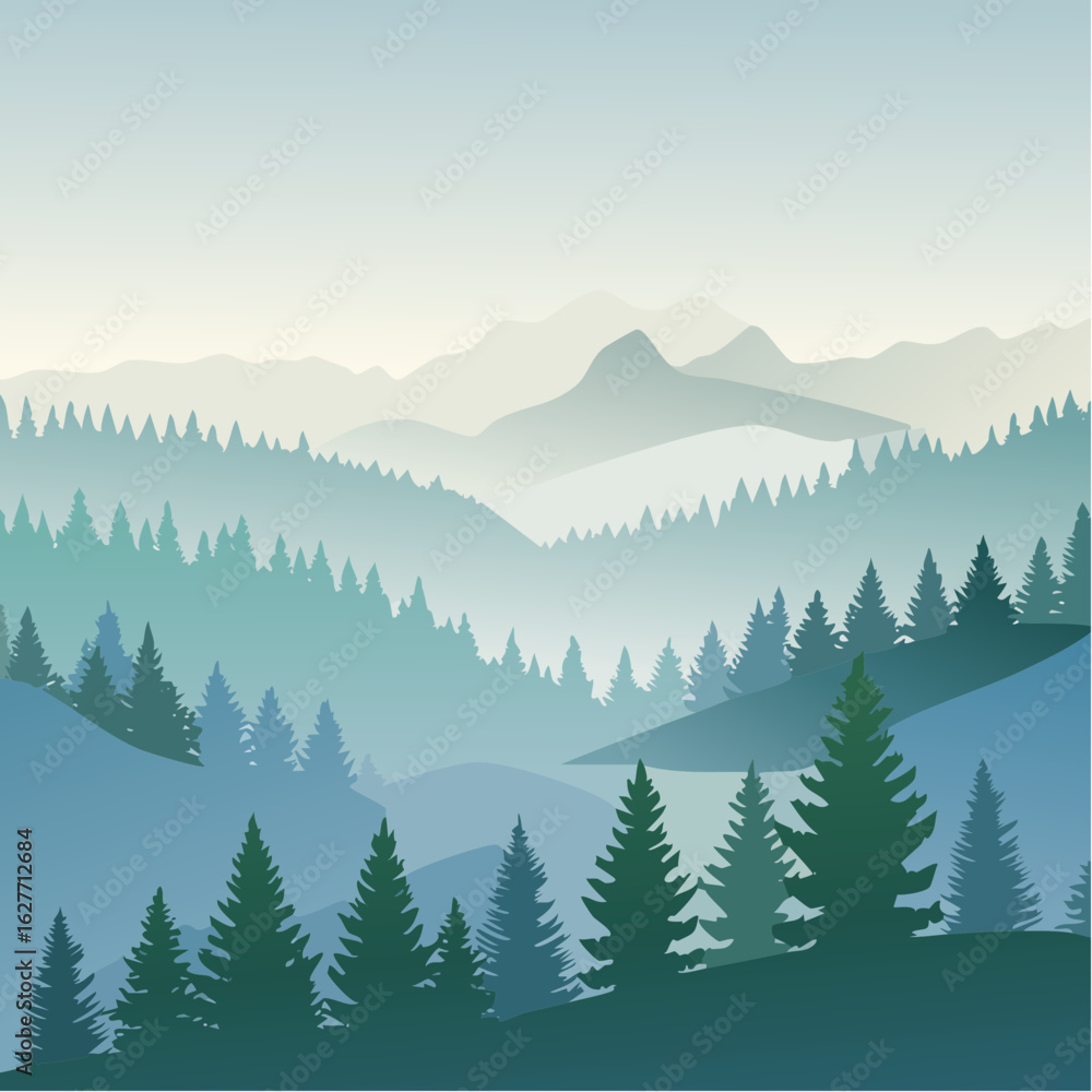Obraz premium Misty landscape vector illustration with fir forest