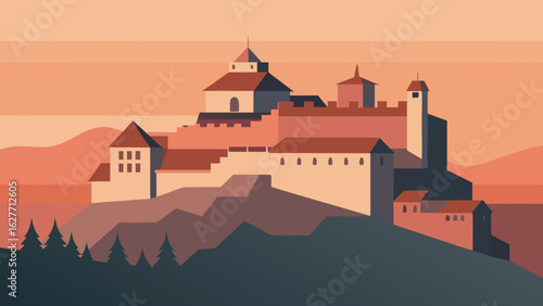 Wallpaper Mural Flat illustration of a medieval castle on a hill at sunset with warm tones and stylized mountain landscape in the background Torontodigital.ca