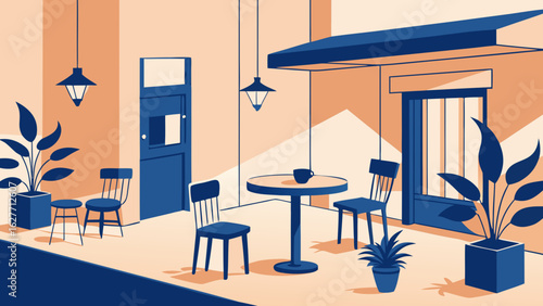 Flat illustration of a cozy outdoor café terrace with tables, chairs, potted plants and warm ambient lighting