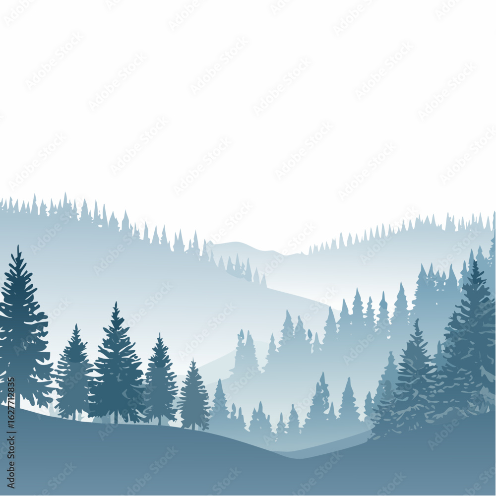 Obraz premium Misty landscape vector illustration with fir forest