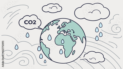 Climate change and global warming illustration showing earth co2 emissions and weather patterns impact on planet