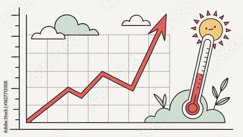 Climate change global warming graph with rising temperature and sun illustration for presentation