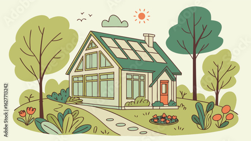 Illustration of sustainable home with solar panels and green landscape for eco friendly living concept