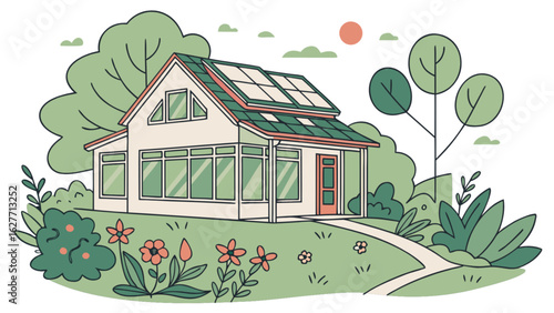 Sustainable home with solar panels energy efficiency and eco friendly design for modern living concept