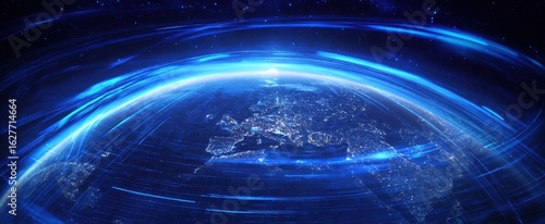 The Earth illuminated by a vibrant blue energy in space atmosphere.