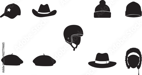 Nine black silhouette headwear icons including baseball cap cowboy hat beanies helmet fedora and beret