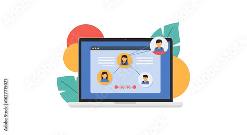 Vector illustration of an online professional network, showcasing team collaboration and digital connection on a laptop.