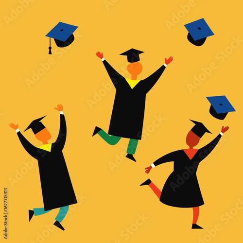 Graduation caps tossed in celebration by diverse students