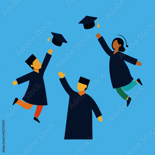 Graduates celebrate by tossing caps in the air
