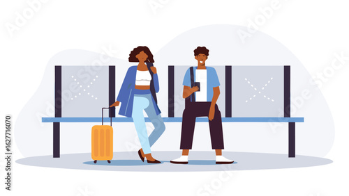 Illustration of two people waiting at a terminal with luggage and a bench in a waiting area hall