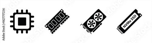 Computer Hardware Components Icon Set, Including CPU Processor, RAM Memory, Graphic Card GPU, and NVMe SSD Storage, Black Silhouette Vector Illustration for Technology and Electronics