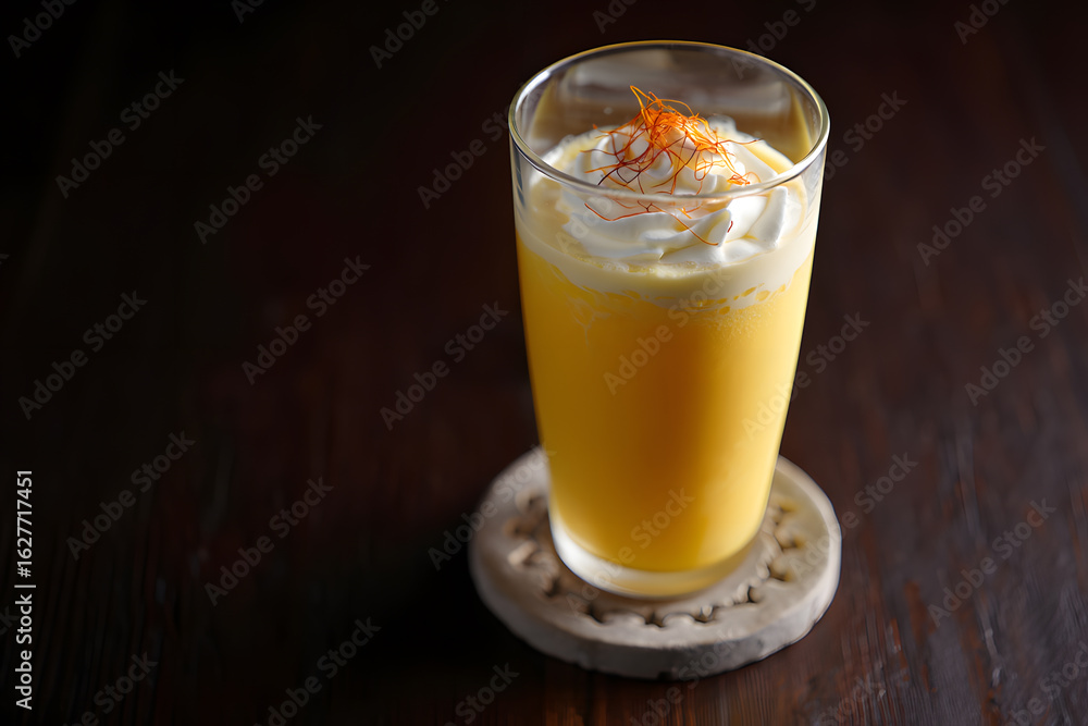 Creamy Saffron Mango Smoothie in Glass, Whipped Cream Topping, Dark Wood Background Creamy Saffron Mango Smoothie in Glass, Whipped Cream Topping, Dark Wood Background