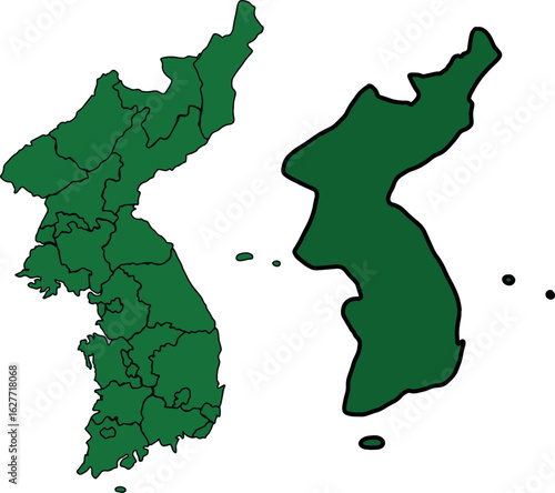 A vector illustration featuring two versions of the Korean Peninsula: one with administrative divisions and one as a solid silhouette. Suitable for educational, political, or geographical design purpo