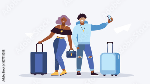 Illustration of a couple with suitcases and a phone ready for traveling and taking a selfie together