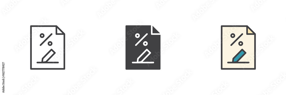 Fototapeta premium Document percent icon set in line, solid and filled outline style