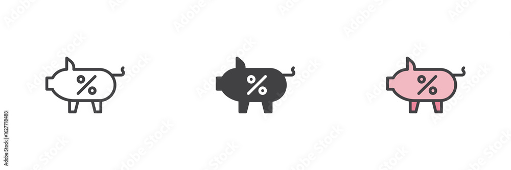 Piggy bank icon set in line, solid and filled outline style Piggy bank icon set in line, solid and filled outline style