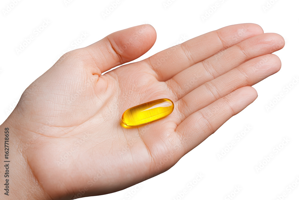 A pale hand holds a bright yellow oblong pill capsule A pale hand holds a bright yellow oblong pill capsule