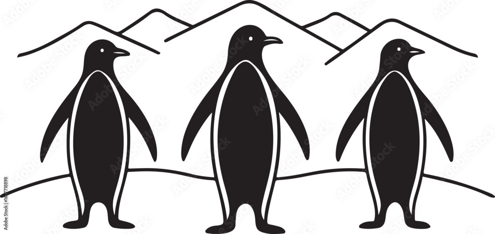 Obraz premium Three black penguins standing in a line with mountains in the background animal wildlife