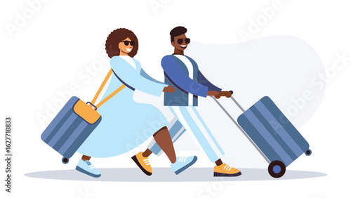 Illustration of a couple traveling with luggage, wearing sunglasses and light colored clothing together now
