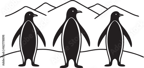 Three black penguins standing in a line with mountains in the background animal wildlife