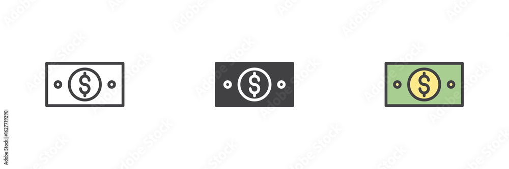 Banknote icon set in line, solid and filled outline style Banknote icon set in line, solid and filled outline style