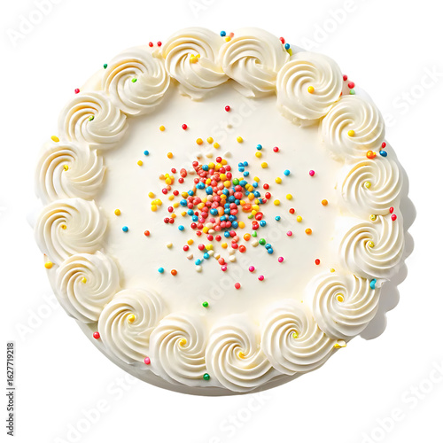 Celebration cake with colorful sprinkles and creamy frosting swirls top view