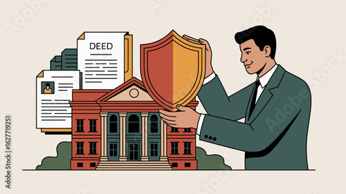 lawyer protecting historic building with a shield and deed vector illustration
