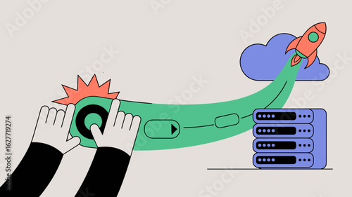 user's hands pressing a one-click deployment button vector illustration, one-click deployment to production and rapid software launch