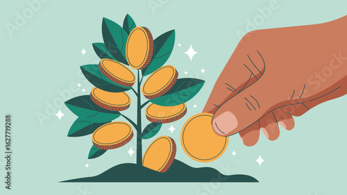 investor's hand planting a coin in a money tree vector illustration, long-term investment growth, financial savings and wealth accumulation