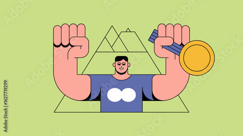 champion celebrating with a gold medal vector illustration, achieving a personal fitness goal, sports victory and peak performance