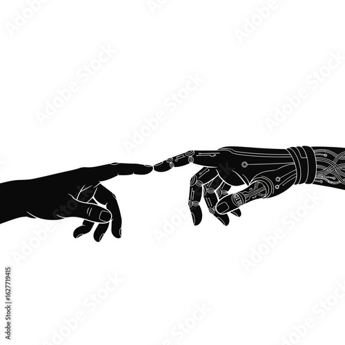 Human hand and robotic hand reaching out to touch fingertips, symbolizing connection and the future of technology.