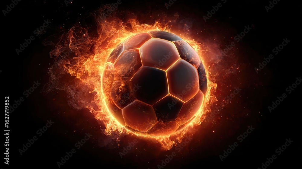 Fototapeta premium A burning soccer ball glows with intense flames against a stark black background