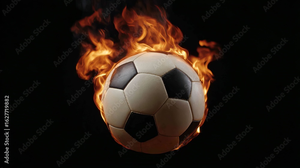 Naklejka premium A close-up shot of a soccer ball ablaze with bright orange flames against black background