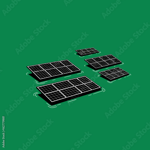 Floating solar panels of varying sizes on a green background.