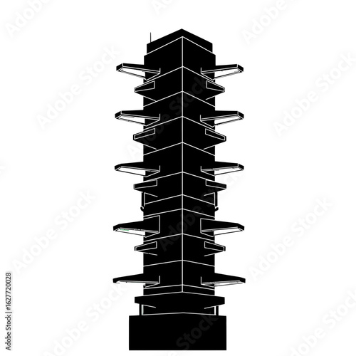 A striking black silhouette of a modern, multi-story building with cantilevered balconies or platforms extending outwards at various levels, creating a uniqu...
