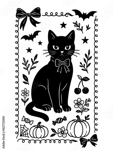 black cat with bow sitting inside decorative coquette halloween frame with pumpkins bats and cherries, gazing at camera, vector illustration with transparent background, concept of party design