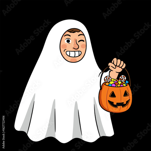 A cheerful person dressed as a classic ghost holds up a grinning jack-o’-lantern bucket filled with colorful candy, embodying the fun and whimsy of Halloween night.