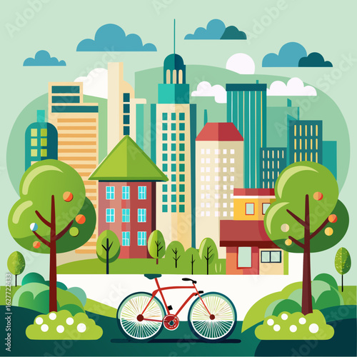 Flat design city park with bicycle and trees