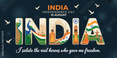 vibrant india independence day 15 august tribute with cultural symbols, peacock, taj mahal, tricolor flag and freedom heroes homage