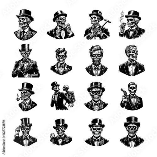 Collection of sixteen skeleton portraits wearing suits, ties, and hats, some smoking pipes or holding guns, in a vintage, engraved style.