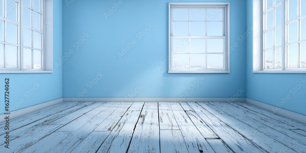 Obraz premium Minimalistisches, hellblaues Zimmer mit hellem Holzboden und Fenstern