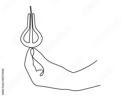 Hand holds jew's harp musical concept one line art, hand-drawn reed pinch instrument drawing continuous contour. Resonance oscillating arc reed drymba melody outline minimalist symbol. Editable stroke